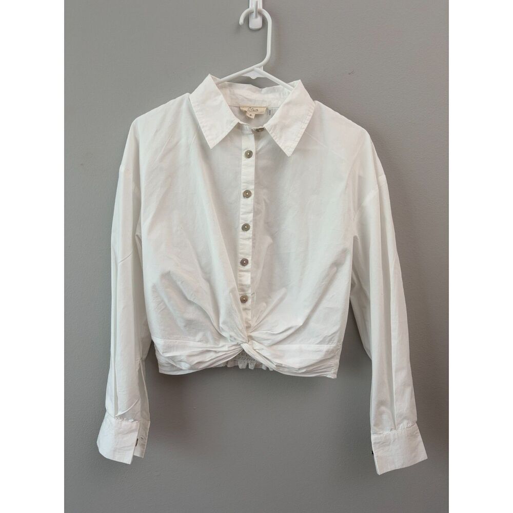 Womens White Cotton Front Twist Button Down Shirt Crop Top Small Boho Chic